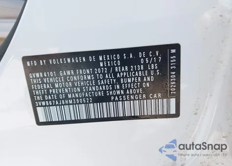 2017 Volkswagen Jetta 1.4T Se from USA, damaged, VIN 3VWB67AJ8HM390522